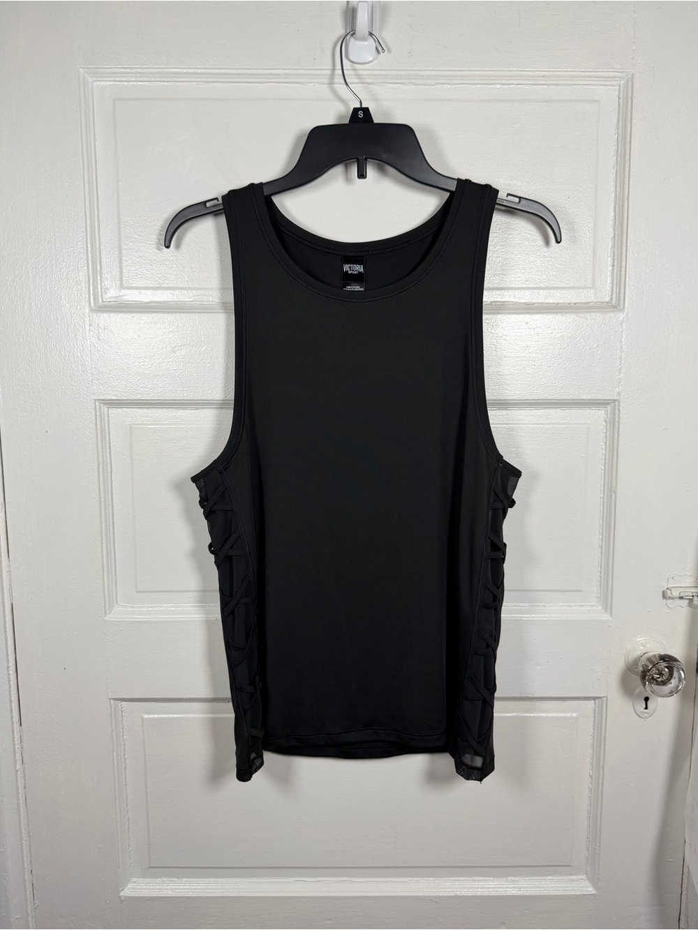 VS Victoria Sport Black Tank Top Sheer Side Lattice Detail Athletic Sporty S